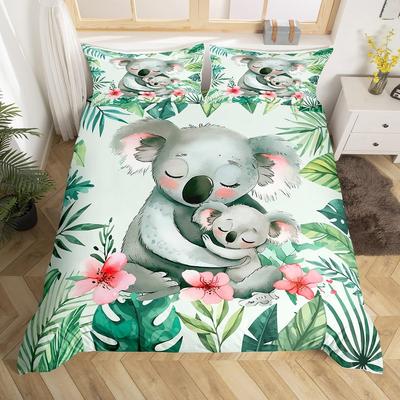 Kids Koala Duvet Cover Set, Blooming Floral Branch With A Bear Comforter Cover, Palm Tree Leaf Wildlife Cartoon Bedding Set,Twin