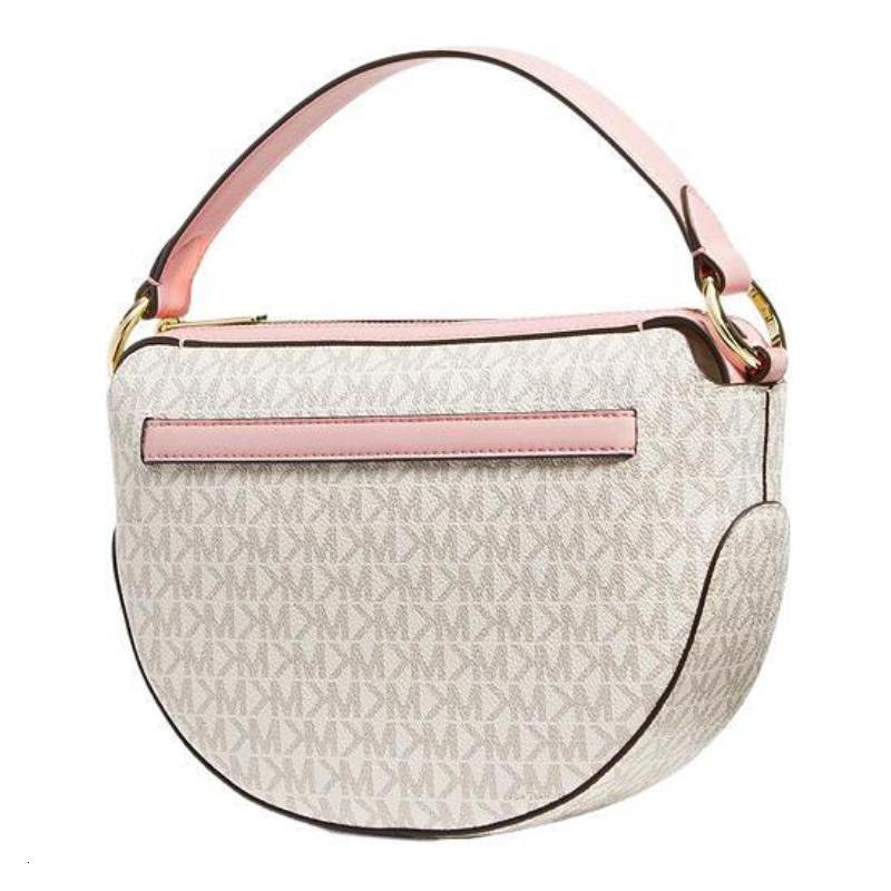 Michael Kors Emilia Presbyopia Braided Heart Logo Print Canvas Crossbody Shoulder Handbag Medium Women's Off-White and Pink