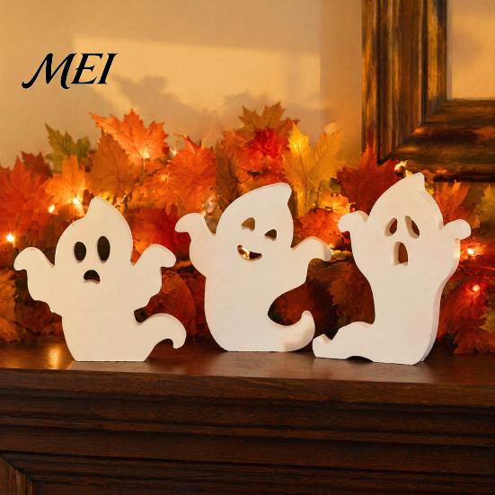 White Ghost Figurine for Home Cute Halloween Wooden Table Sign, Spooky Standing Decorative Entryway Block Sign Holiday Tiered Tray Centerpiece, Indoor