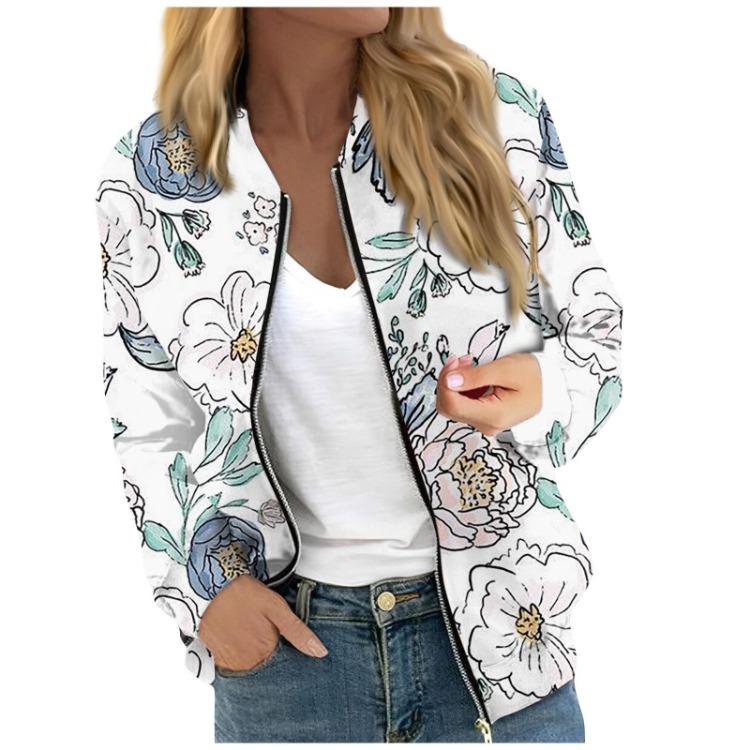 Women Floral Leaf Print Casual Long Sleeve Zipper Jacket Round Neck Fashionable