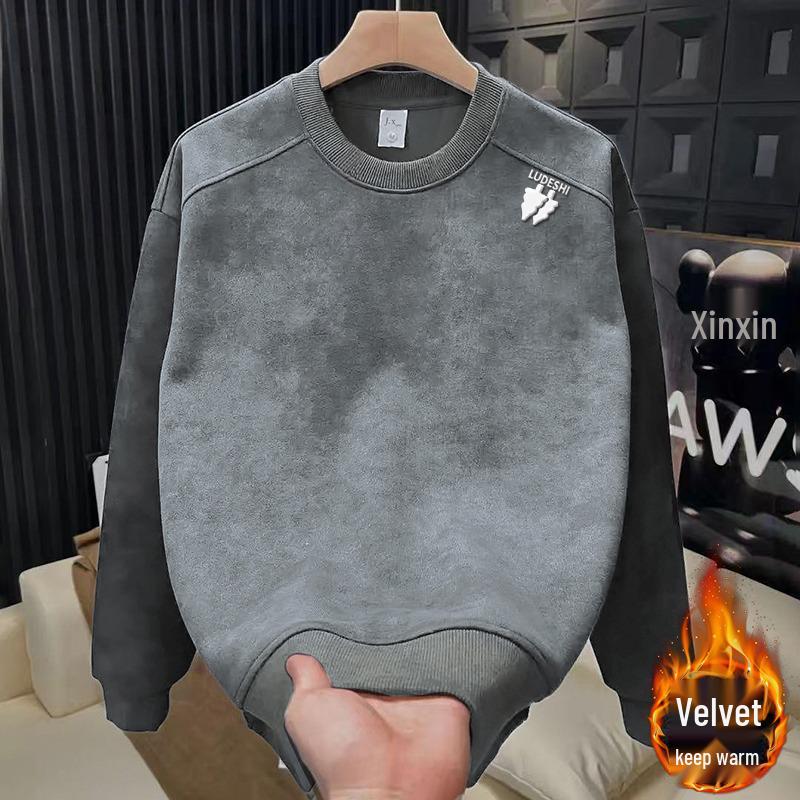 Men s Warm Velvet Thickened Hoodie - Autumn/Winter Trendy Cool Round Neck Pullover XL