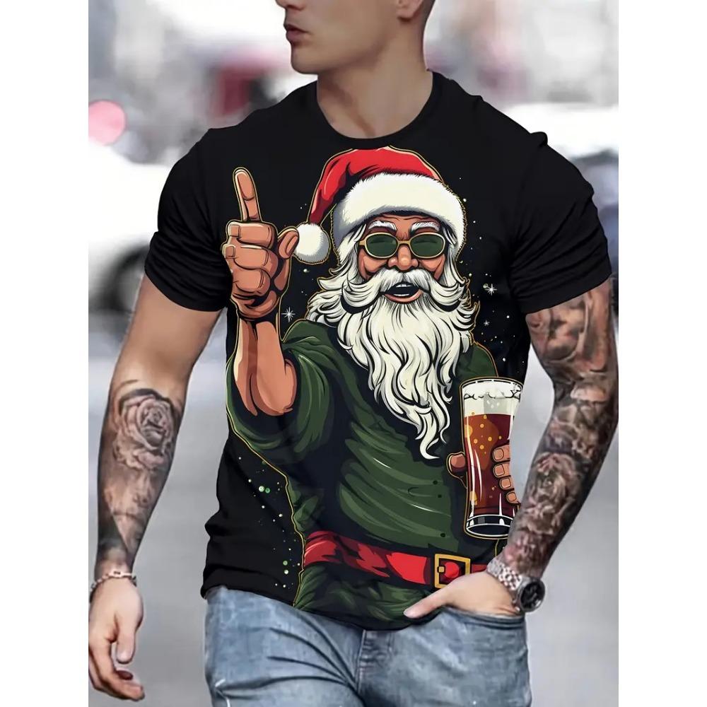 

Men s Casual Short-Sleeve T-Shirt with Santa Print, Fashionable Crew Neck Top, Loose T-Shirt, New Year Gift S
