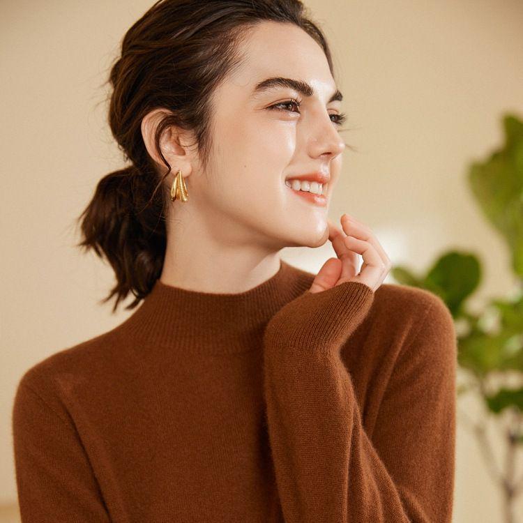 Women's Pure Cashmere Seamless Knit Sweater, Autumn/Winter Half-High Neck, Long Sleeve Base Layer
