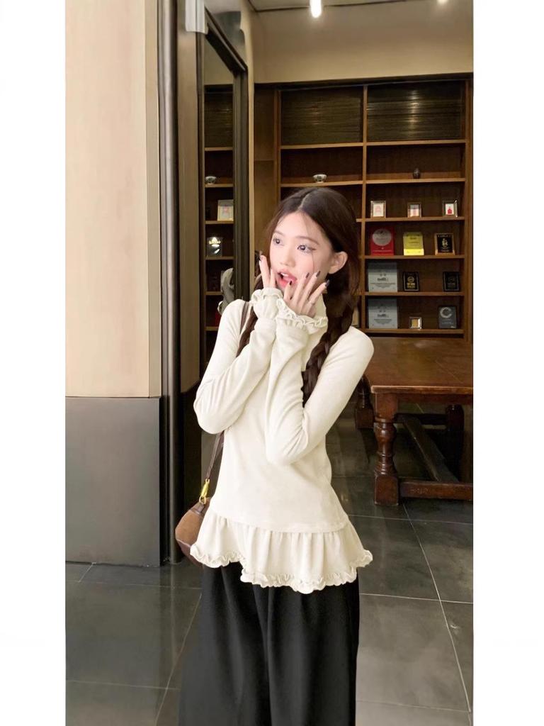 Women's Sweet Ruffle Long Sleeve High Neck Base Layer, 2025 Autumn/Winter Slimming Top