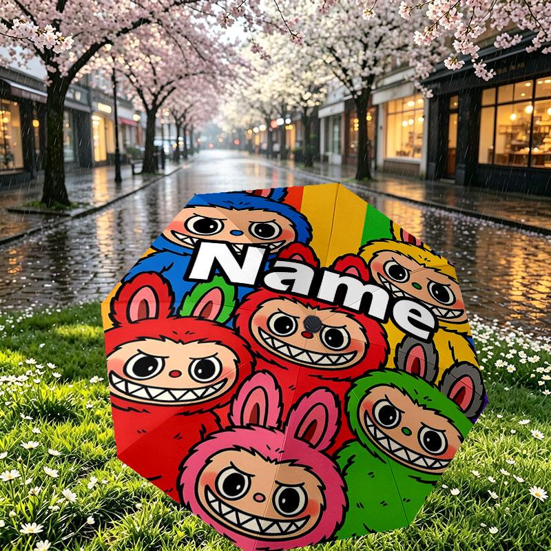 Custom Name Personalized Labubu Print Umbrella, Auto Open Close, 8‑Rib Sturdy Frame, Commute Camping Hiking Use, Birthday Gift