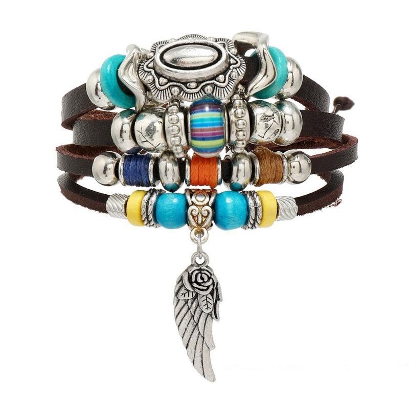 New Retro Multi-bead Feather Turquoise Glazed Wings Leather Bracelet Hot Seller