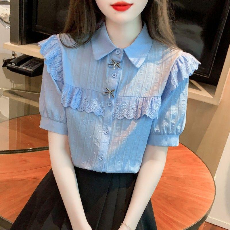 

Лето 2025 новая женская хлопковая рубашка в западном стиле нишевая кружевная блузка с коротким рукавом 925 2XL синий