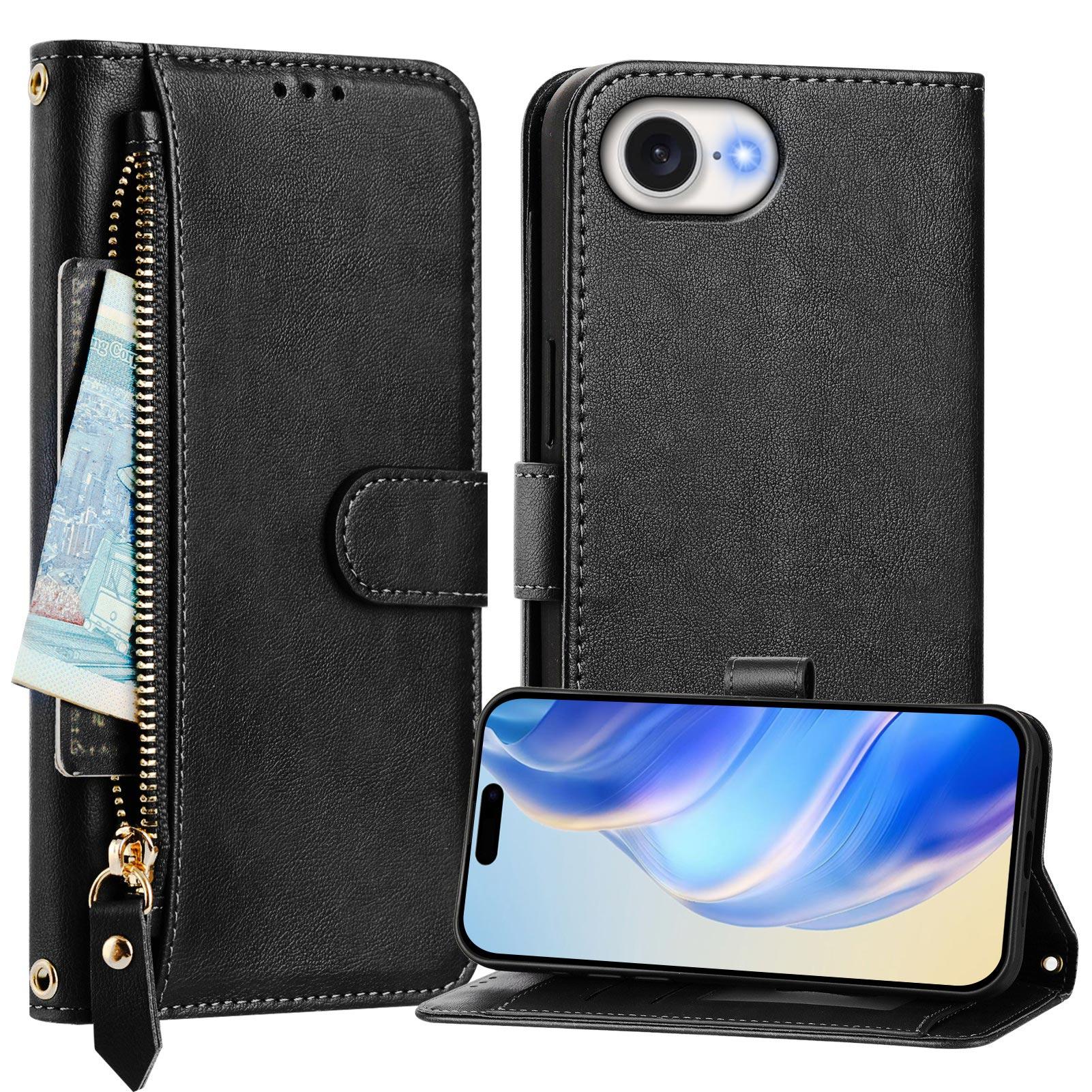 

For iPhone 16e Case Zipper Pocket Multiple Card Slots Leather Phone Cover Black