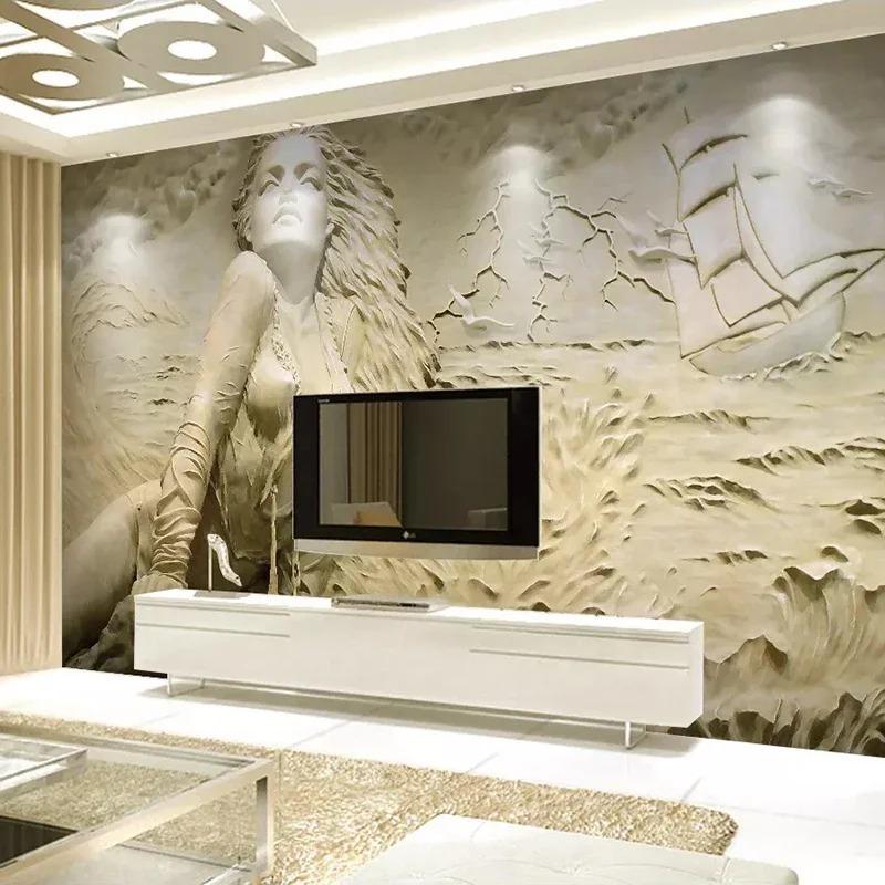 Custom Wall Mural Art Wall Painting European Style Golden 3D Stereoscopic Relief Sea Wave Sailboat Beauty Photo Wallpaper Murals