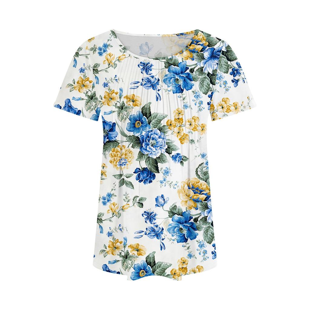 Women's Summer Fashion Casual Pleated Round Neck Print Short Sleeve T-Shirt Top