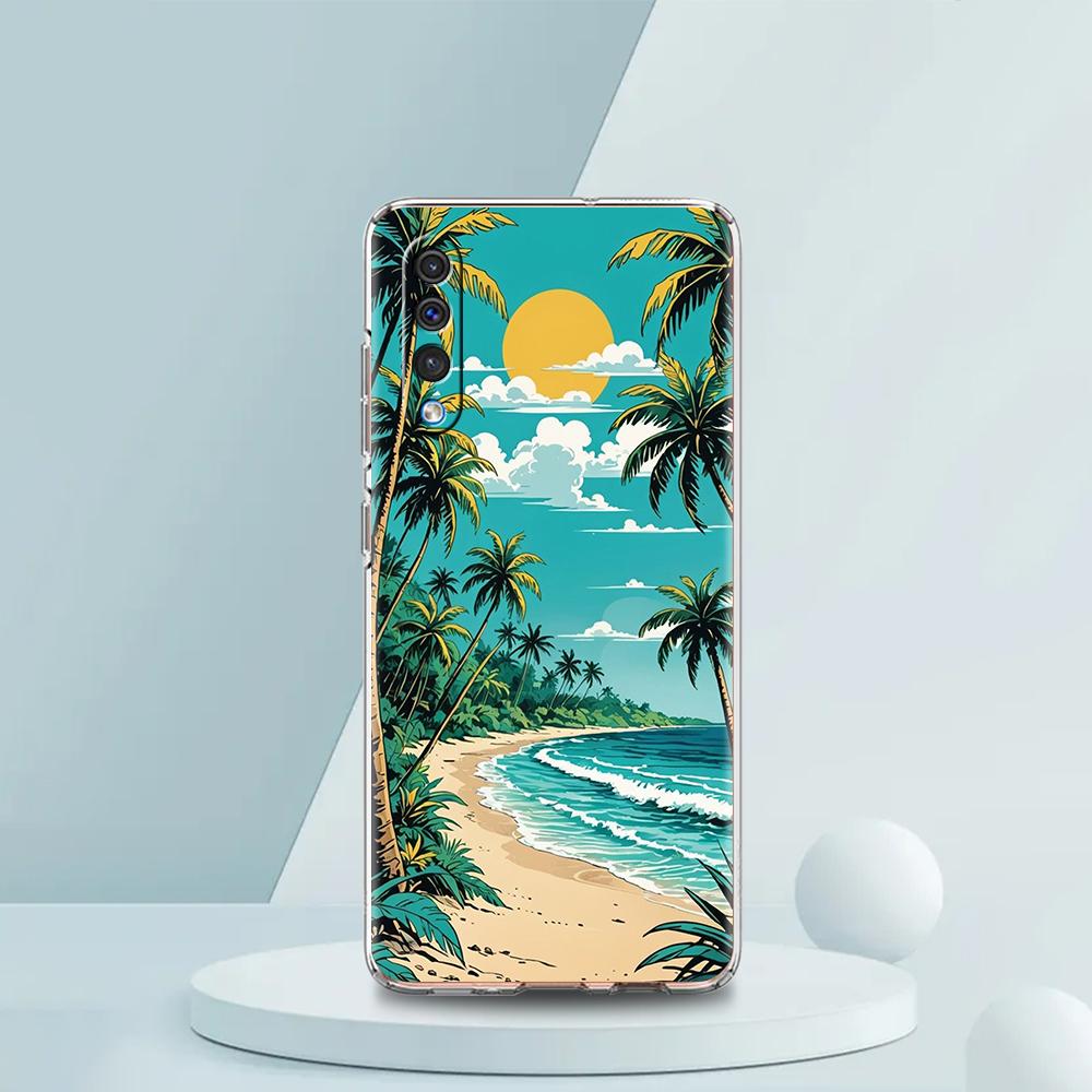 Transparent Phone Case for Samsung Galaxy A16 A14 A12 A22 A24 A42 A02 A06 A20 A30 A40 Soft TPU Cover Sunset Coconut Tree Pattern