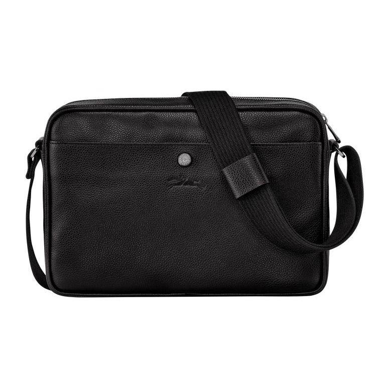 Longchamp Le Foulonné Solid Color Minimalist Embossed Logo Zipper Closure Leather Shoulder Crossbody Bag Medium Men bags Black 20044021047