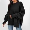 Women's Solid Color Slit Round Neck Sweatshirt Casual Top Loose Long Sleeved Top