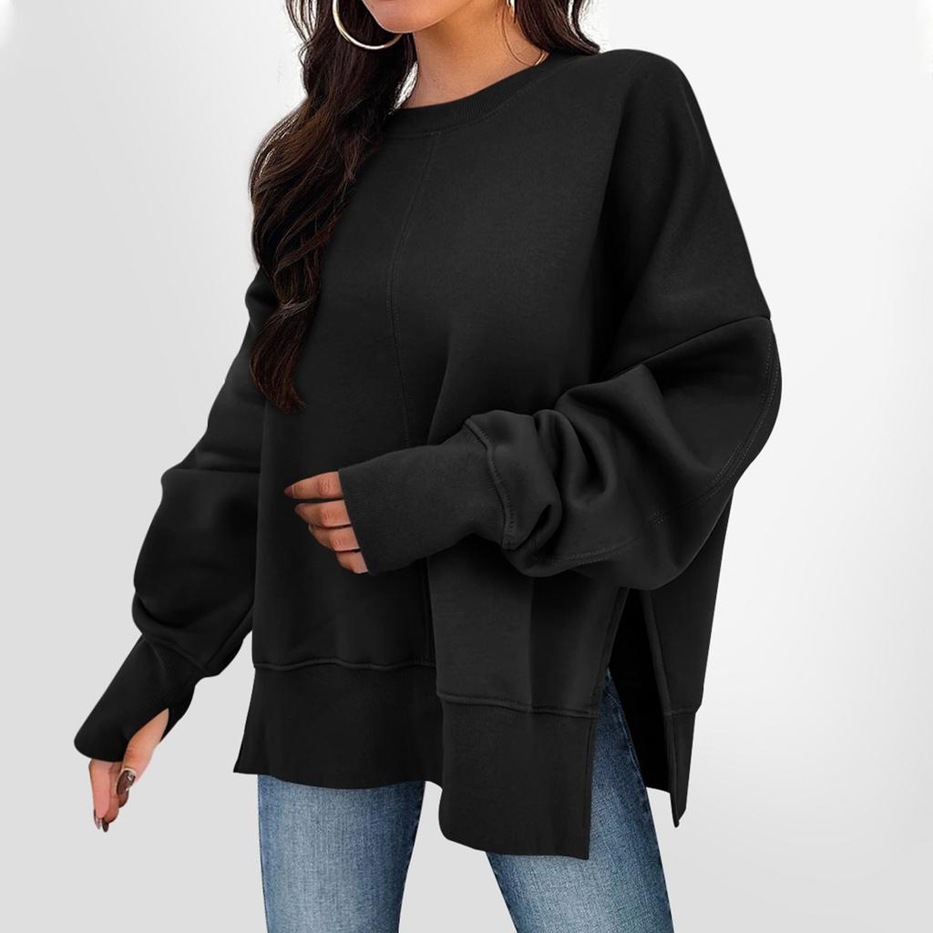 Women's Solid Color Slit Round Neck Sweatshirt Casual Top Loose Long Sleeved Top