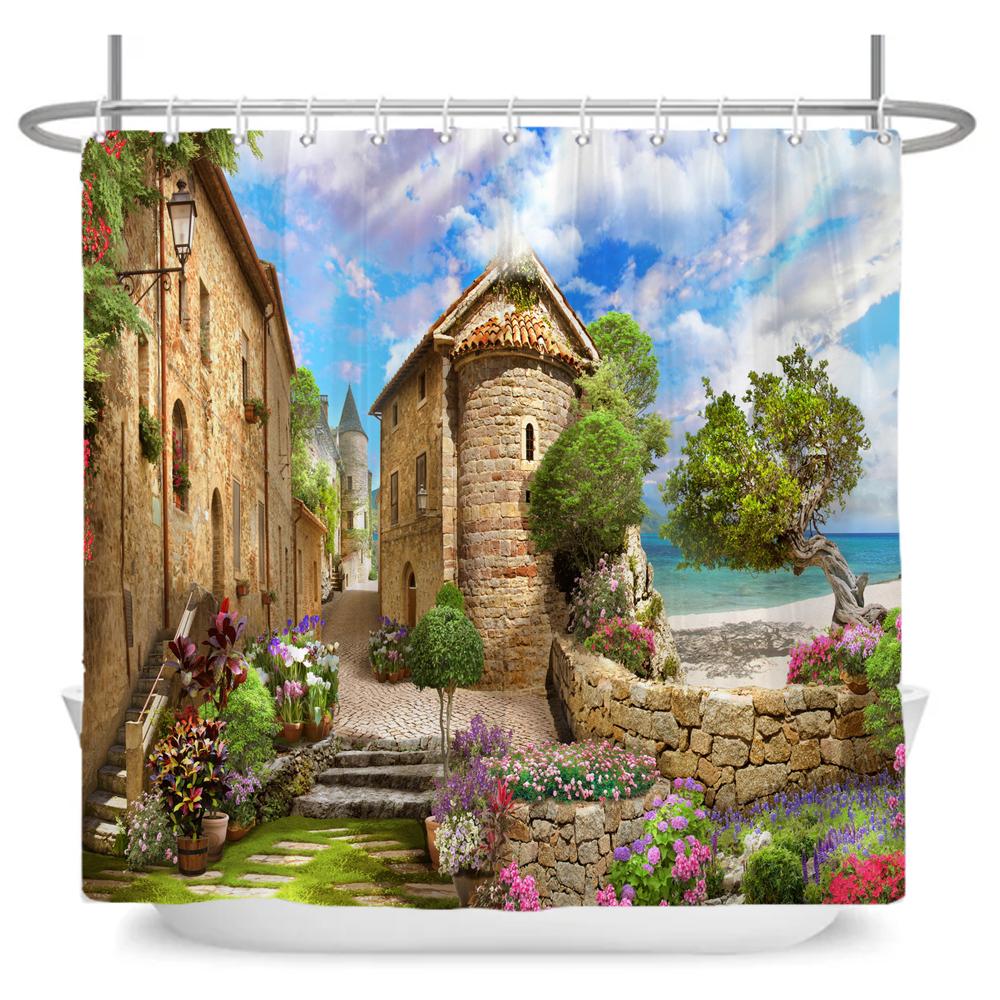 Beautiful Seaside Garden 3D Print Shower Curtain Rural Flower Scenery Bathroom Waterproof Bathtub Curtain Home Decor With Hooks