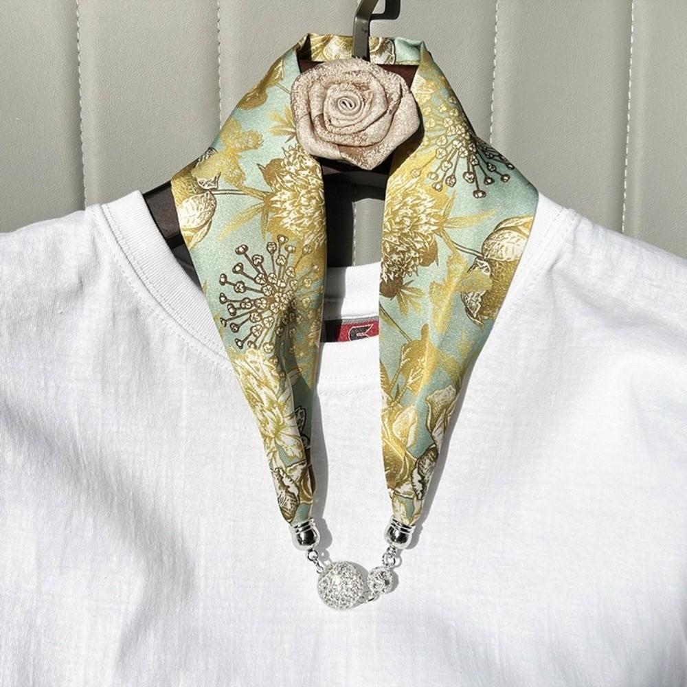 Pearl Diamond Silk Scarf Korean Retro Women's Scarf Chain Magnetic Buckle Scarf  Effortless Styling