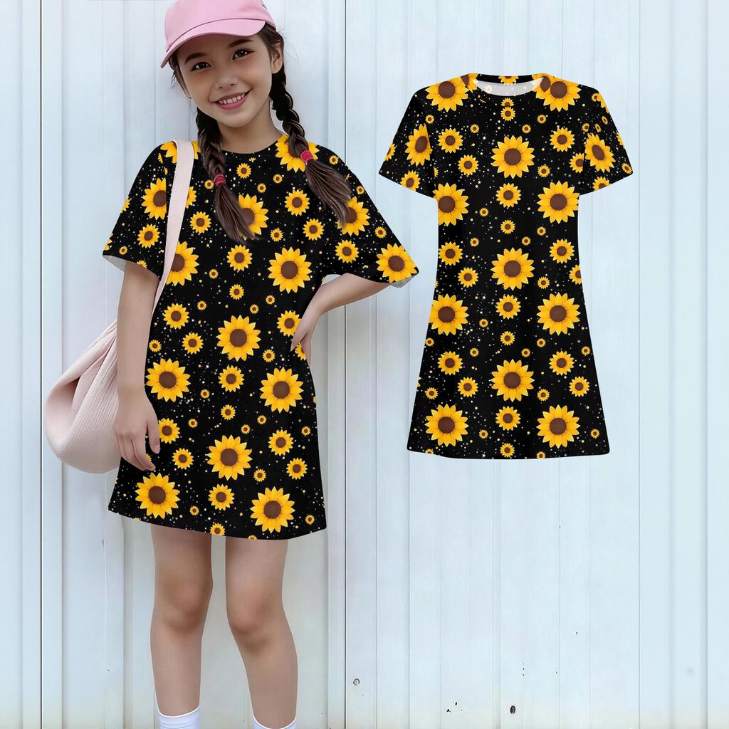 Girls Print Casual Dress Kids Loose Round Neck Short Sleeve Thin Sundress