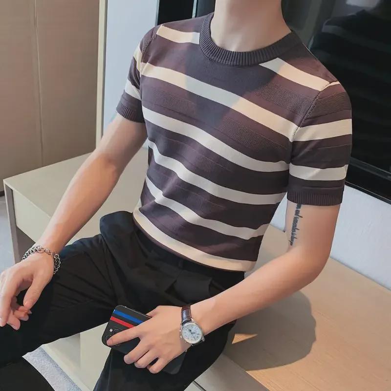 Men's Green Striped Ice Silk Slim-Fit T-Shirt - Summer Half-Sleeve