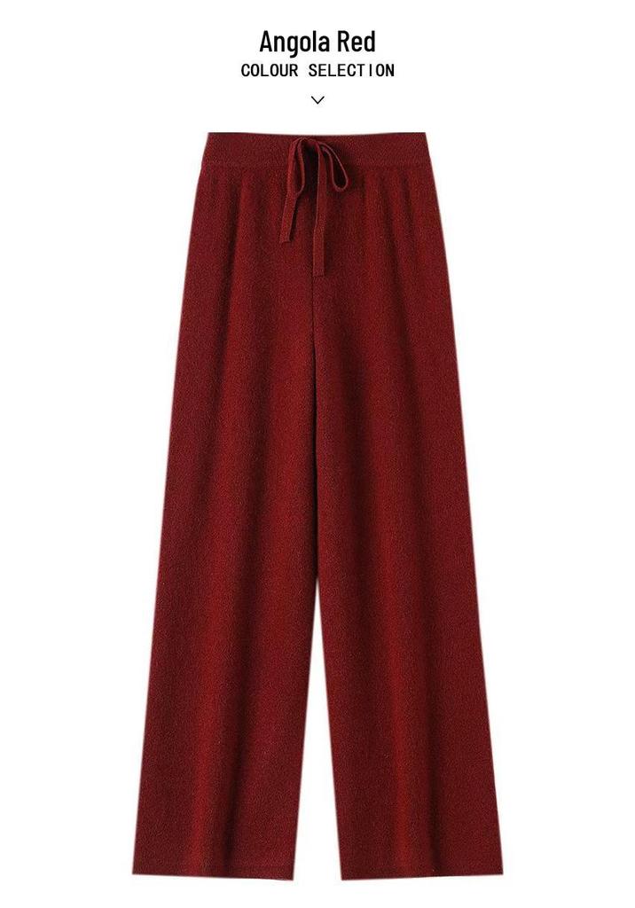 Women's 100% Wool Wide-Leg Knit Pants, Floor-Length, High-Waisted, Slimming, Casual Loose Fit for Autumn and Winter