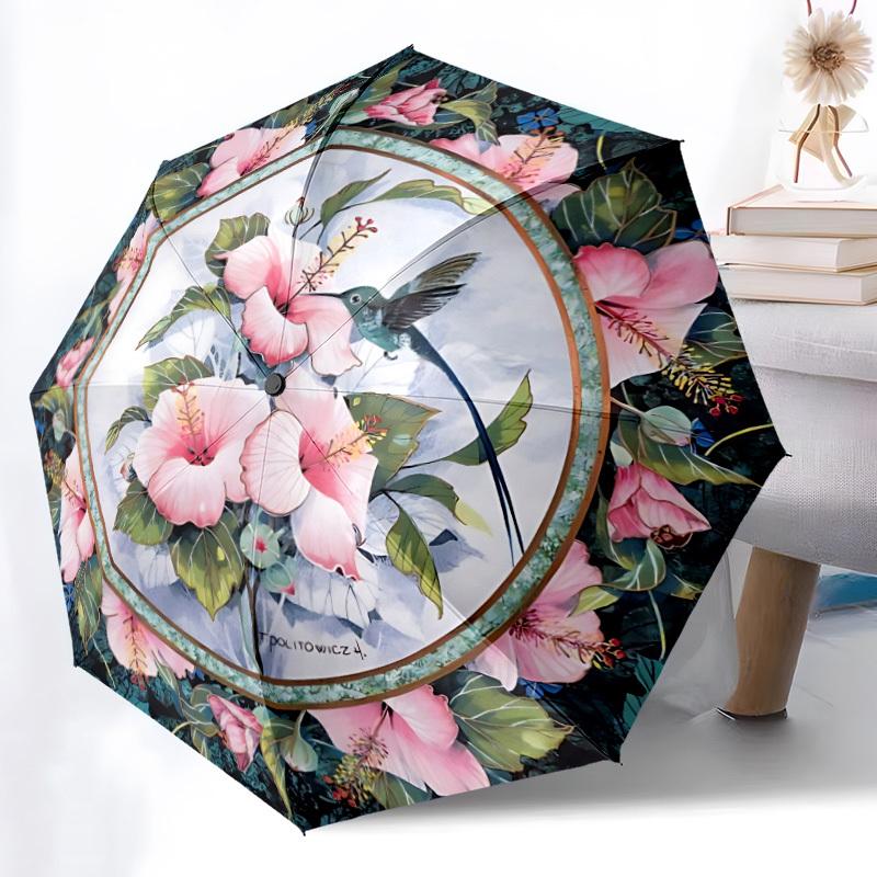 1pc Floral Hummingbird Decor Automatic Folding Umbrella Durable Iron Frame,All Seasons Home Travel Outdoor Multifunctional Umbrella yy251115197