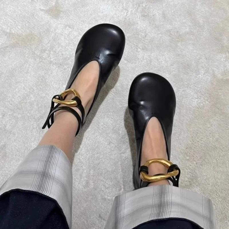Fashion Luxury Gold Buckle Leather Ballet Flats Woman Elegant Brand Design Ankle Strap Ballerina Shoes Ladies Height Inside Punk Zapatos