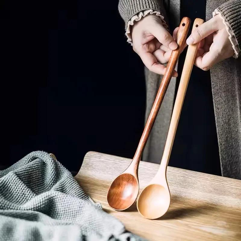 Long Wooden Stirring Spoon Natural Wood Soup Tableware Cooking Honey Coffee Spoon Mixing Spoon