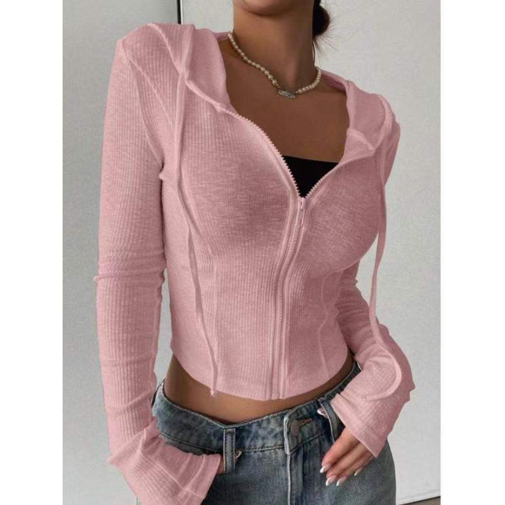 Módní dámská žebrovaná mikina s kapucí, Cropped top na zip s dlouhým rukávem, Univerzální ležérní top pro letní a jarní denní outfity