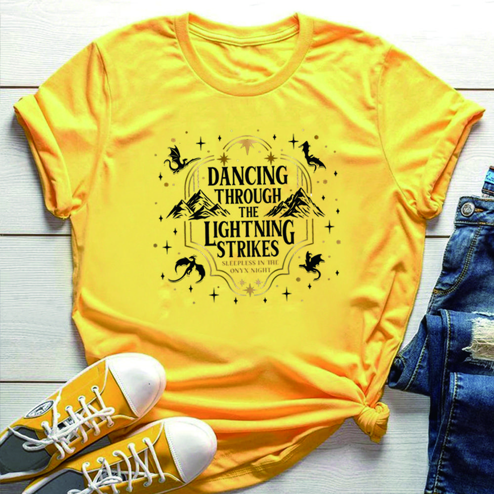Dancing Through The Lightning Strikes T-shirt Fourth Wing Inspired Design Shirt Onyx Storm Short Sleeves Tops Dragon Lover Gift