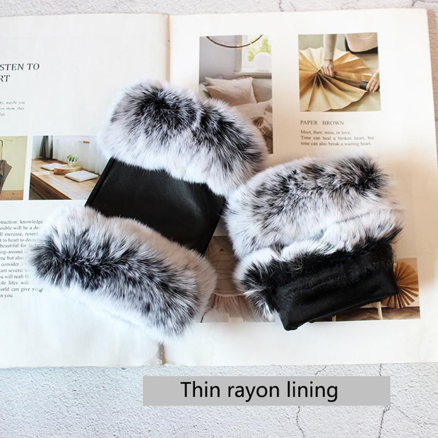 Fashionable New Sheepskin Fingerless Gloves Women's Black Leather Rabbit Fur Velvet Lined Winter Warm Short Half Finger Gloves