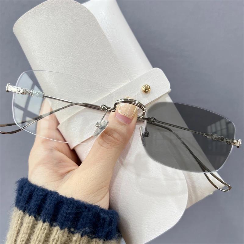 New Fashion Photochromic Myopia Glasses Vintage Rimless Square Anti Blue Light UV Sunglasses Optical Diopter Eyewear