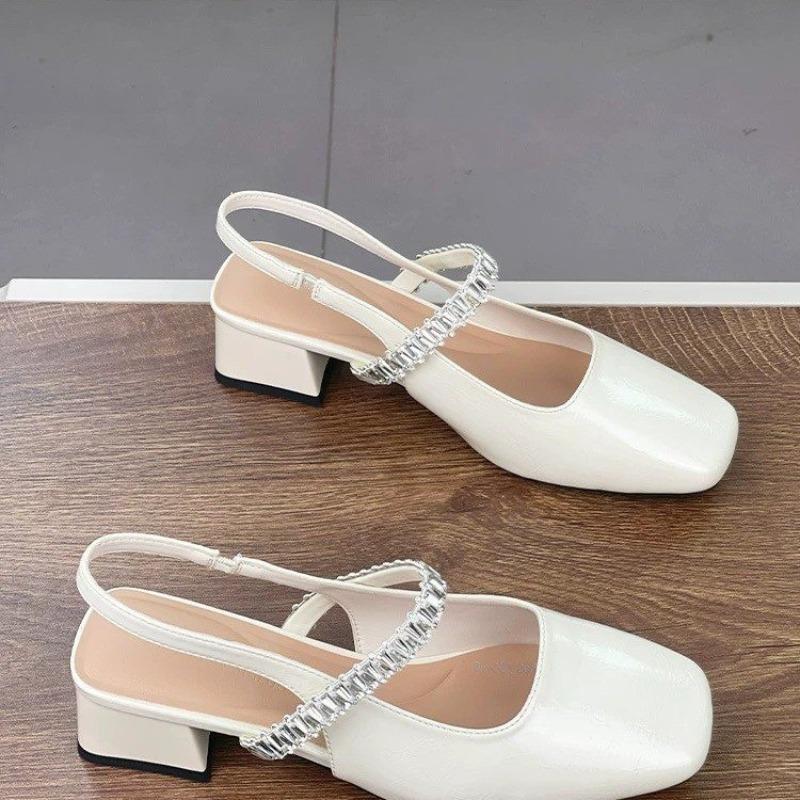 Thick Heel Mary Jane Bag Head Sandals Women's Summer New Rhinestone Word with Square Head Light Mouth Sandals