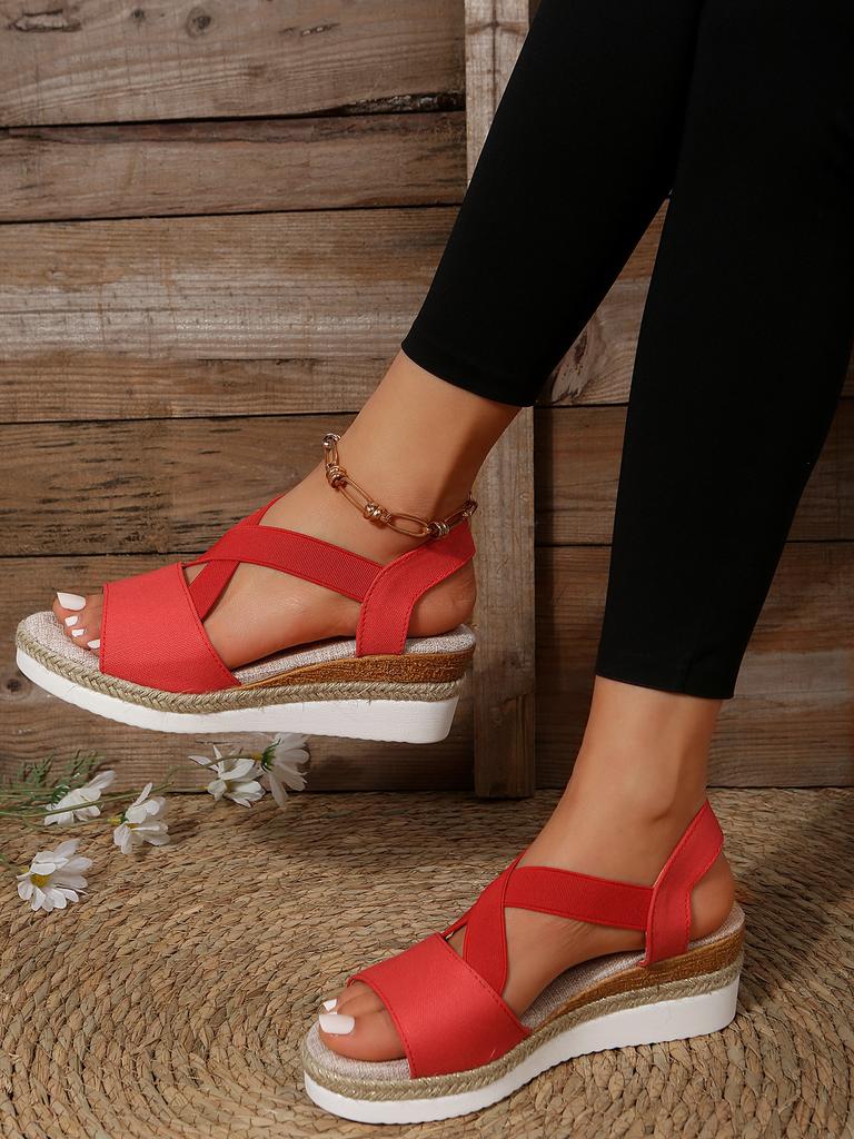 2025 Summer Foreign Trade Large Size Hemp Rope Straw Platform High Heel Open Toe Sandals Women's Slope Heel Beach Shoes