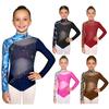 Girls Gymnastics Dance Leotard: Mock Neck Long Sleeve Back Invisible Zipper Mesh Patchwork Butterfly Print Shiny Rhinestones Bodysuit