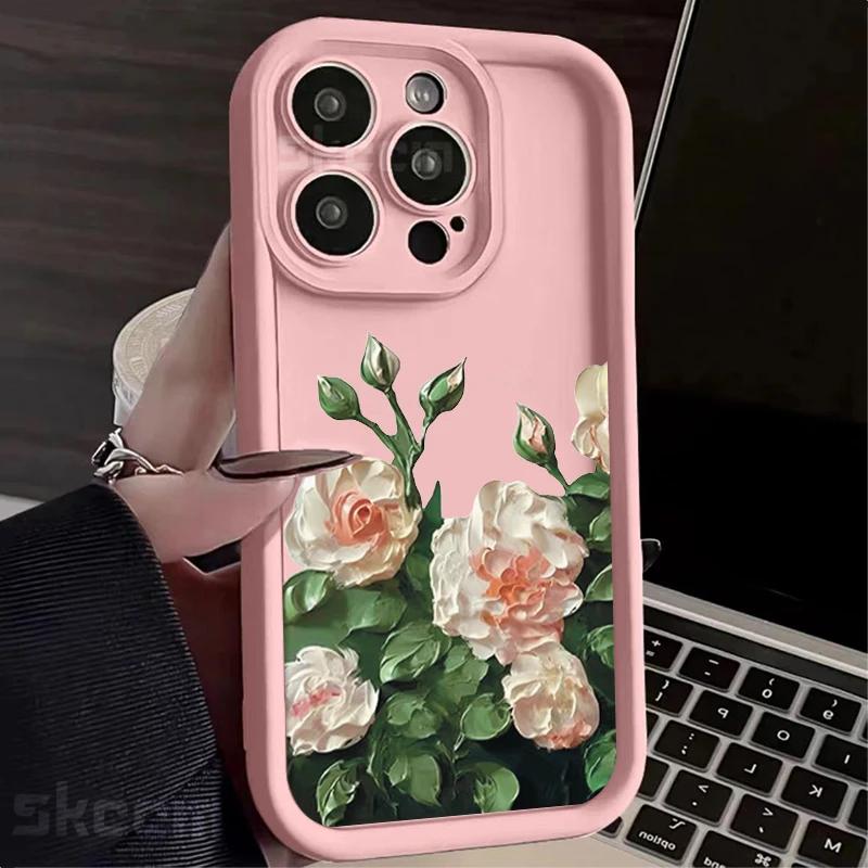Oil Painting White Rose Flower Silicone Phone Case For iPhone 15 14 13 12 11 Pro Max XS X XR 7 8 Plus Shockproof Soft Cover