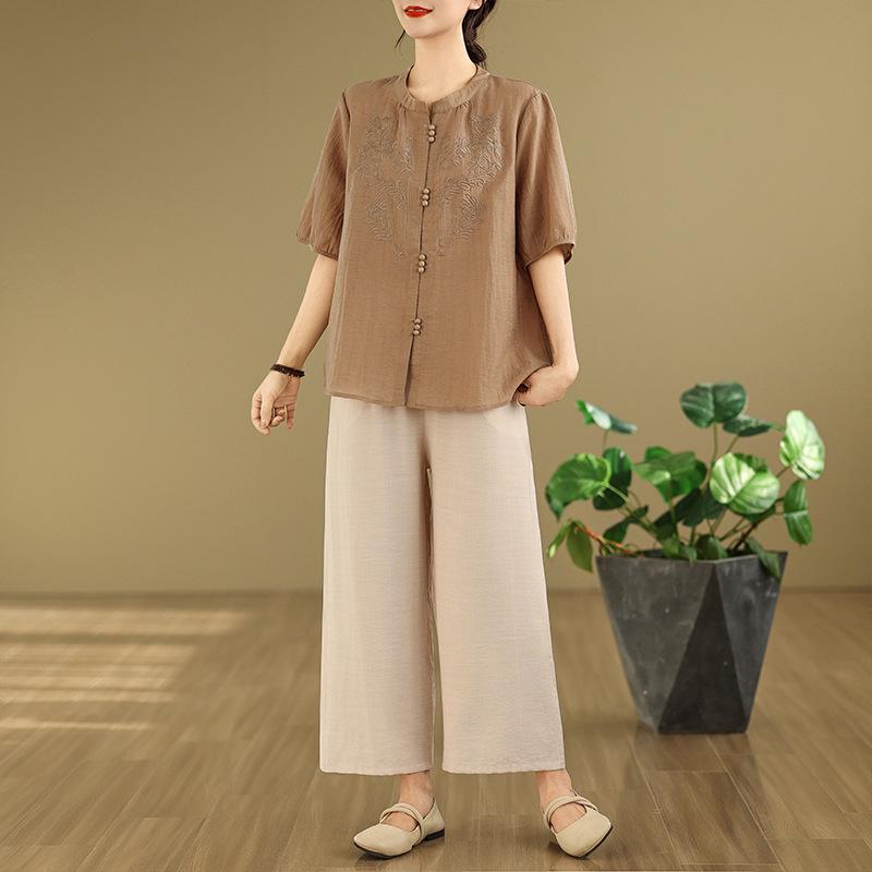 2025 Summer Tencel Cotton Linen Short Sleeve Chinese Embroidery Top & Wide Leg Pants Set