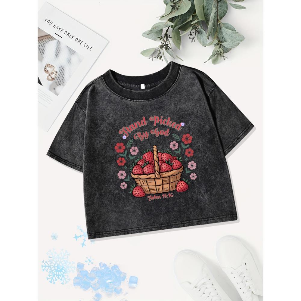 Summer Cotton Crop Tops Womens A Basket Of Fresh Strawberries Prints Washed T-Shirt Fit O-Neck Tees Y2K Clothes