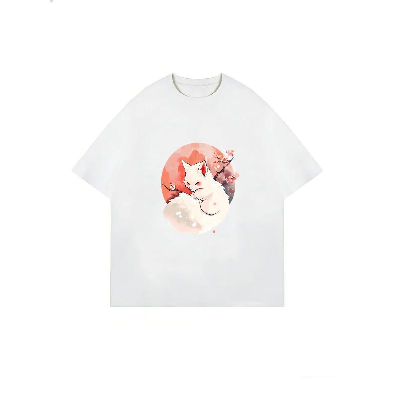 Oversized T-Shirt Black White Fox Cherry Blossom Print Casual Streetwear For Women