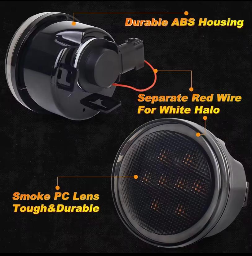 2PCS/ LED 12V Turn Signal Lights for Jeep Wrangler Round Front Fenders with White Halo Smoked Lens Amber Lights Car Accessories