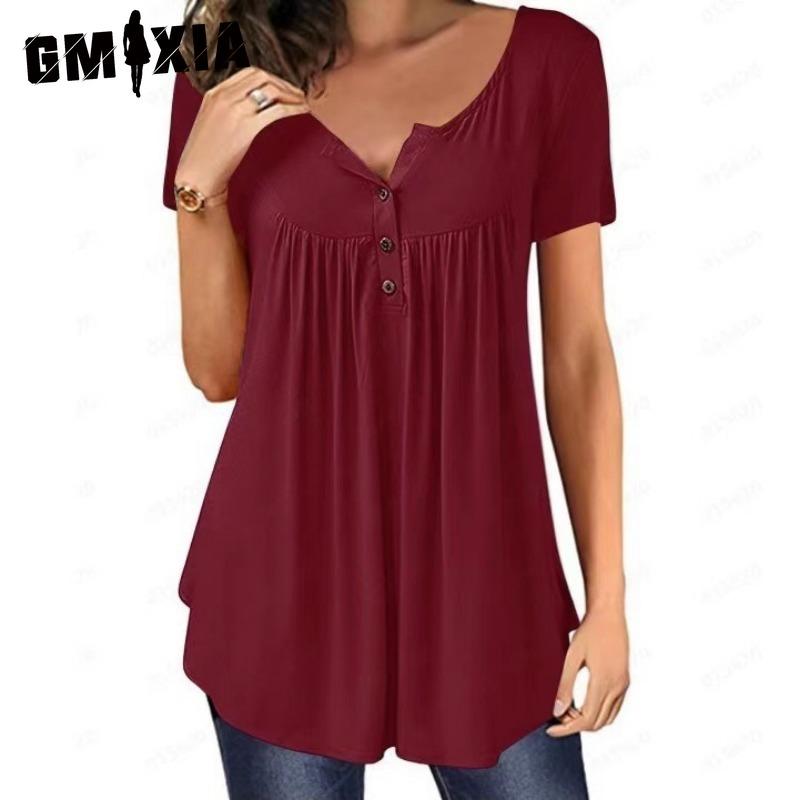 

GMXIA Женские модные повседневные однотонные блузки и рубашки с короткими рукавами и принтом XXXXXL бордовый