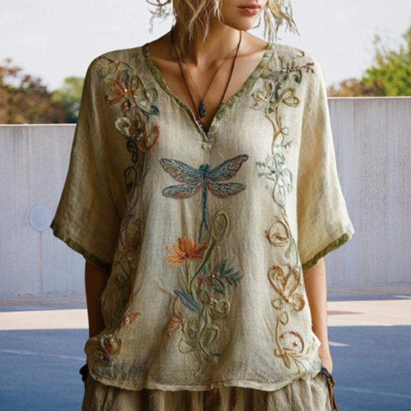 Retro V-neck Linen Dragonfly Short Sleeve Top