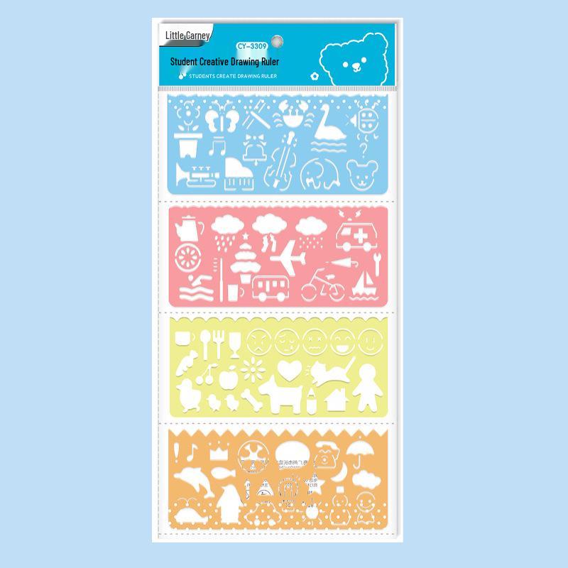 Little Carney Multi-Functional Hand-Copied Cartoon Ruler Set - 4-Pack Drafting & Drawing Templates.
