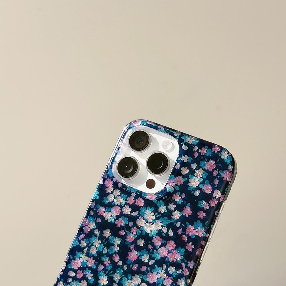 Glitter Charming Vintage Dark Green Background Colorful Blooms Floral Phone Case for IPhone 16 15 14 13 17 Pro Max Bling Cover