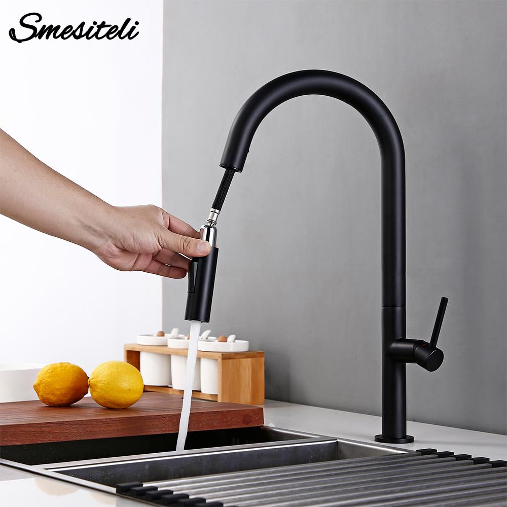 Kitchen Mixer Sink Tap Hot Cold Water Brushed Chrome and Black Stainless Steel 360 Degree Rotation Pull Out Brass Faucet