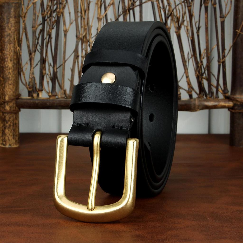 Men's Genuine Leather Belt with Solid Brass Buckle - European Retro Style, Durable Cowhide Waistband