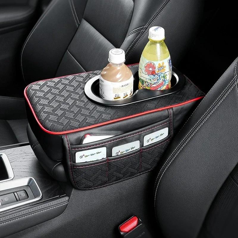 Universal Car Center Console Organizer - Thickened Armrest Cover with 2 Side Pockets & 2 Cup Holders Car Armrest Organizer
