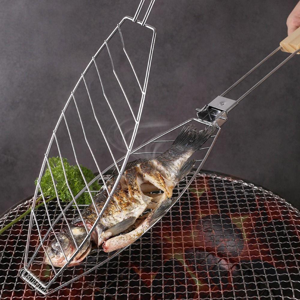 Household BBQ Grill Rack Foldable Fish Grill Basket Roasting Grilling  Barbecue Tongs