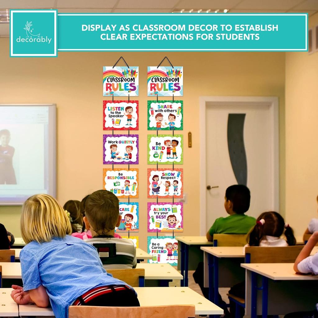 Decorably 12 Hanging Colorful Classroom Rules Poster Set with Accompanying Ribbon, 12x10in Matte-Laminated pirational Classroom Rules Elementary