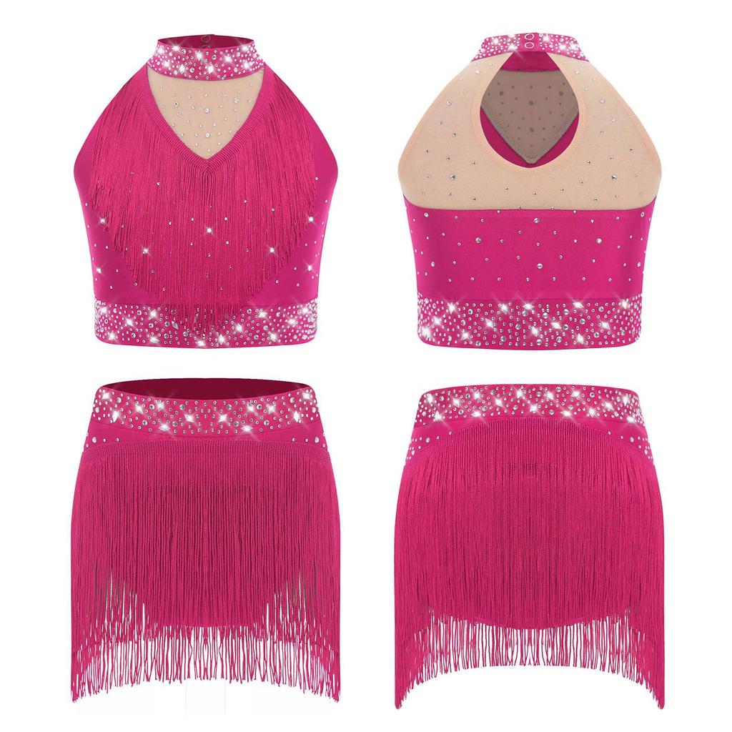 Dívčí třpytivý taneční set s flitry Stojáčkový top bez rukávů Třásně na spodním lemu pro pódiová vystoupení Jazzová a baletní představení