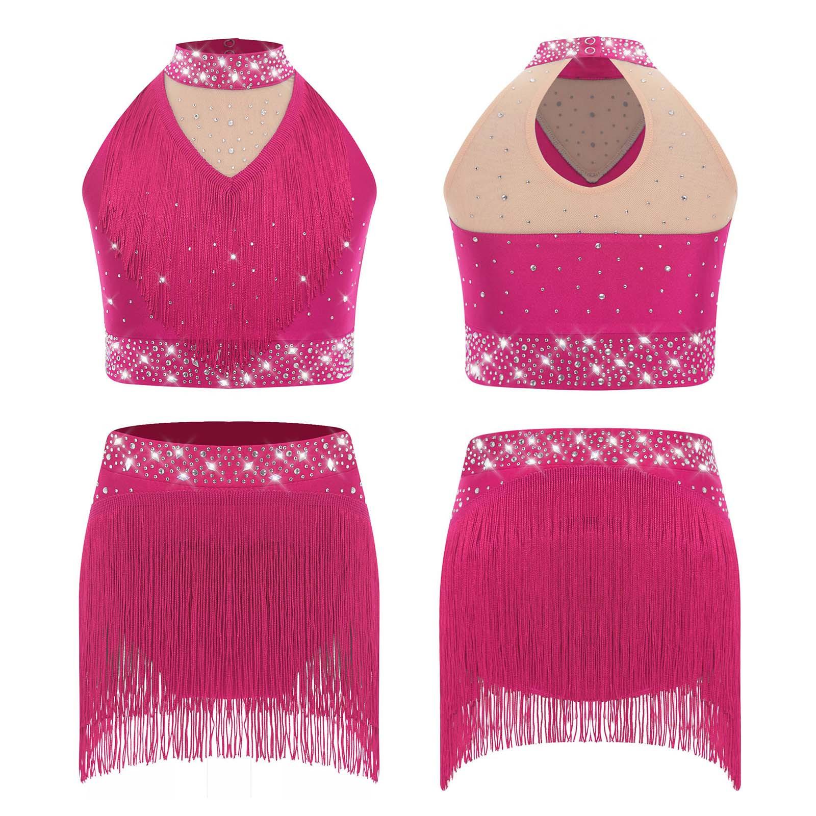 

Блестящий танцевальный комплект для девочек, топ с бахромой и воротником-стойкой для выступлений на сцене, джазовых балетных шоу 5-6 Years горячий розовый