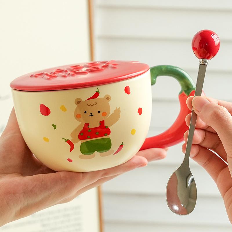 Cute And High-Value Bear Ceramic Cup With Lid And Spoon, Home Office Couple Water Cup Girl Gift